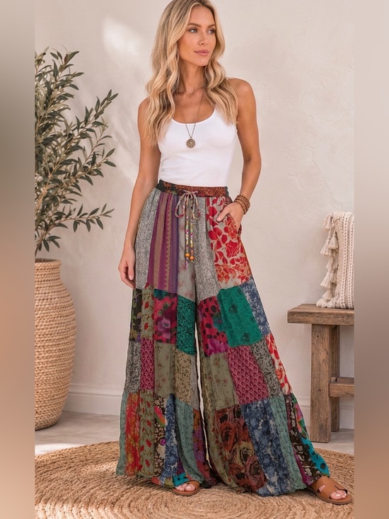 Young Threads Pants - "The River" Gray Retro Revival Long Flared Patchwork Pants